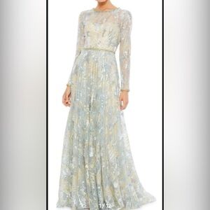 Mac Duggal Blue and Cream Long Sleeve Dress
